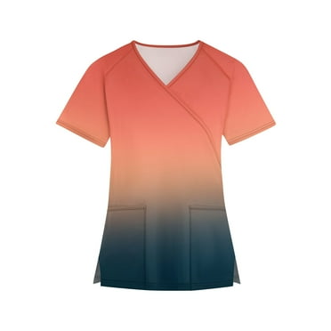Rlmidhb Yellow Scrub Tops for Women Gradient Short Sleeve Nurse Uniform V Neck Stretch Polyester Lightweight Cotton Nurse Scrubs with Pockets