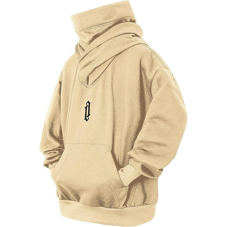 Rloper Lop Fleece Hoodies for Men Cowl Neck Sweatshirts Casual Pullover Fall Winter Loose Fit Tops Baggy Solid Color Shirts with Embroidery Beige 3XL Walmart