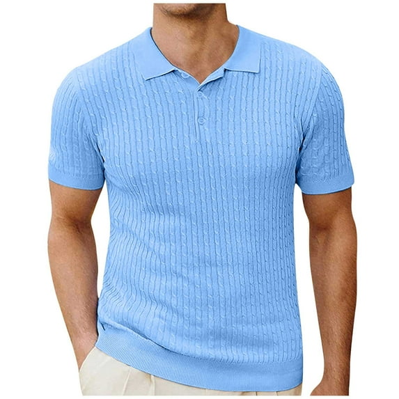 Rloper-Lop Knit Texture T Shirts for Men Lapel Short Sleeve Tops Button Down Fitting Tees Casual Solid Color Tops Summer Workout Shirts