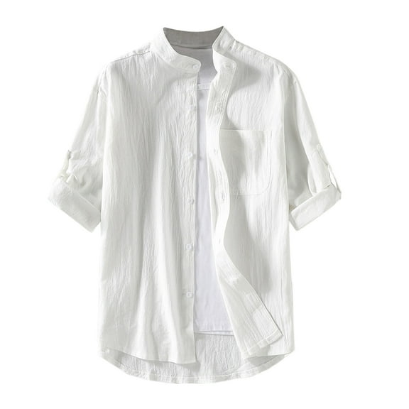 Rloper-Lop Linen Blouses for Men Short Sleeve Band Collar Shirts Relaxed Fit Button Down Casual Tee Tops Lounge Summer Beach Shirts with Pocket