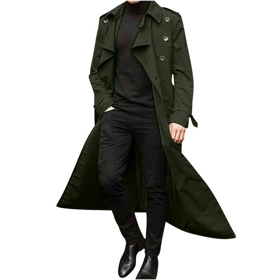 Rloper-Lop Long Trench Coats for Men Double Breasted Belted Oversized Windbreaker Tops Casual Stylish Lightweight Solid Color Peacoats Army Green S