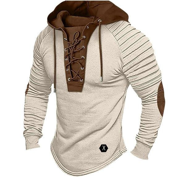 Rloper-Lop Men Tactical Hoodies Lace Up Long Sleeve Sweatshirts Vintage Solid Casual T-Shirts Colorblocked Western Tees with Elbow Patchs