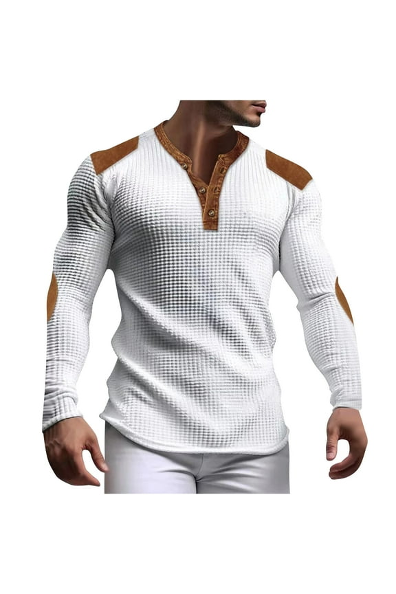 Men's Bodybuilding Waffle Sweatshirts with Elbow Patches Fitness Workout Gym T Shirts Casual Slim Fit V Neck Henley Tops L