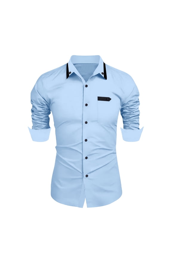 Men's Casual Dress Shirts Button Down Long-Sleeve Work Clothing Slim Fit Contrast Collar Tops Casual Party Wedding Dress Shirt with Pocket