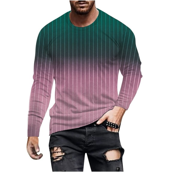 Rloper-Lop Men's Classic Striped Casual T-Shirt Long Sleeve Crew Neck Athletic Gradient Color Blouse Tees Breathable Running Sports Tee Tops