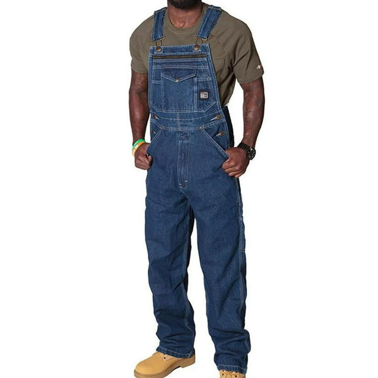 Rloper Lop Men s Denim Overalls Mens Loose Fit Midweight Workwear Straight Leg Baggy Outfits Solid Color Trousers with Straps Pockets Dark Blue XL Walmart