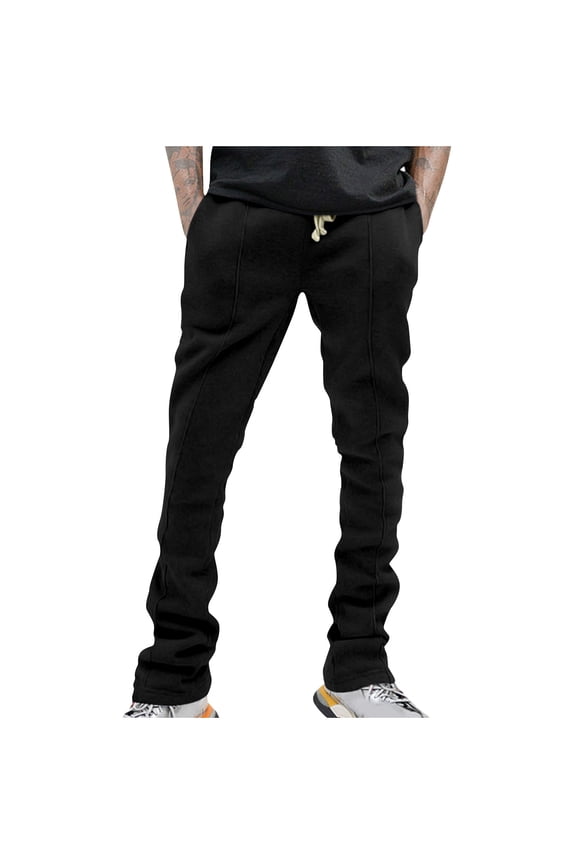 Men's Drawstring Waist Pants Stacked Flared Cool Sweatpants with Pockets Open Bottom Solid Color Trousers Straight Leg Pants 3XL