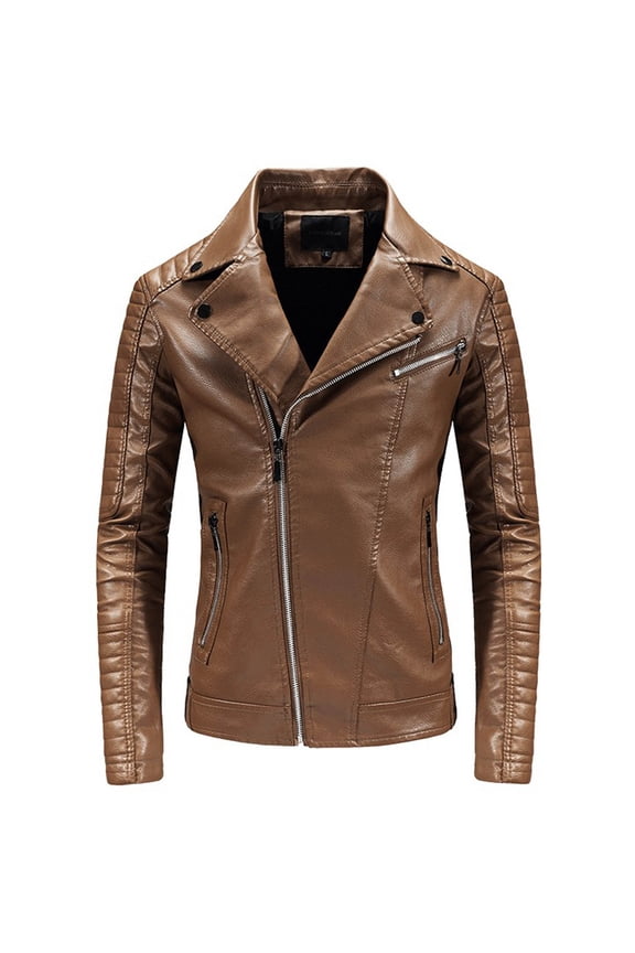 Men's Faux Leather Jackets Notched Collar Long Sleeve Motorcycle Coats Vintage Asymmetric Full Zip Biker Tops with Pockets