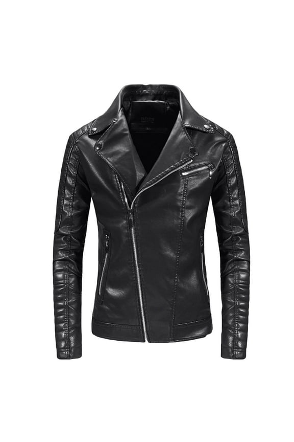 Men's Faux Leather Jackets Notched Collar Long Sleeve Motorcycle Coats Vintage Asymmetric Full Zip Biker Tops with Pockets