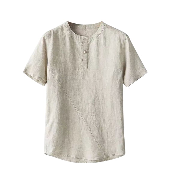 Rloper-Lop Men's Linen Henley Shirts Slim Fit Crewneck Tees Fashion Short Sleeve Blouse Shirts Lightweight Summer Workout Solid Color Tops Khaki XL