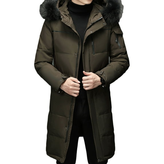 Rloper-Lop Men's Long Puffer Jackets Solid Color Thickened Coats Winter Warm Full Zipper Tops Ski Snow Thick Hooded Outwear with Removable Hood Coffee L