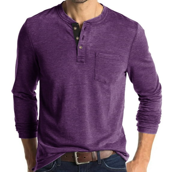 Rloper-Lop Men's Long Sleeve Henley Shirts Casual Button Down Spring Cotton T Shirts Moisture Wicking Basic Tops Solid Color Work Tops Purple S