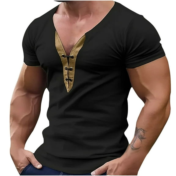 Rloper-Lop Men's Medieval Tee Shirts Summer Basic Short Sleeve Tee Tops Lightweight V Neck Tie Waist Tees Stretch Fit Solid Tee Blouse Clothes