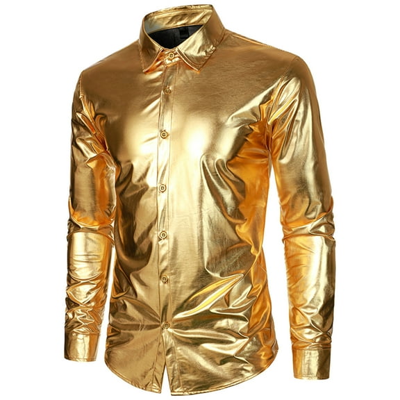 Rloper-Lop Men's Metallic Disco Shiny Shirts Casual Slim Fit Long Sleeve Blouses Lapel Button Down T Shirts Nightclub Party Costume Gold S