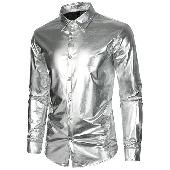 Rloper-Lop Men's Metallic Disco Shiny Shirts Casual Slim Fit Long Sleeve Blouses Lapel Button Down T Shirts Nightclub Party Costume Silver S