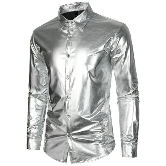 Rloper-Lop Men's Metallic Disco Shiny Shirts Casual Slim Fit Long Sleeve Blouses Lapel Button Down T Shirts Nightclub Party Costume Silver XL