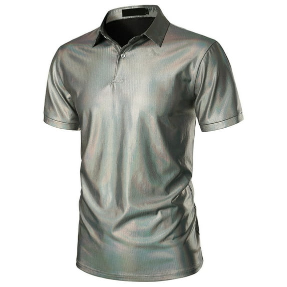 Rloper-Lop Men's Metallic Golf Polo Shirts Trendy Sequin Quick Dry Short Sleeve Collared Tees Summer Nightclub Party for Men Fashion Tops