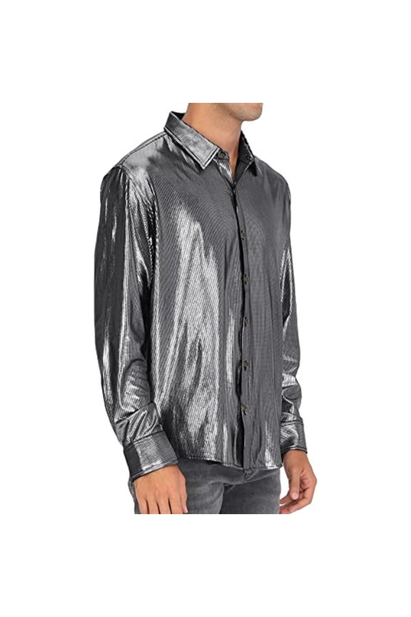 Men's Metallic Silver Blouse Shirts Long Sleeve Button Down Tops for Nightclub Party T-Shirts