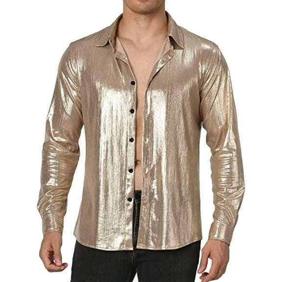 Rloper-Lop Men's Metallic Silver Blouse Shirts Long Sleeve Button Down Tops for Nightclub Party T-Shirts