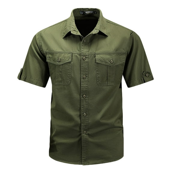 Rloper-Lop Men's Short Sleeve Cargo Shirts Casual Button Down Work Dress Blouses Lightweight Summer Tops Outdoor Hiking T Shirts with Pockets Army Green XXL