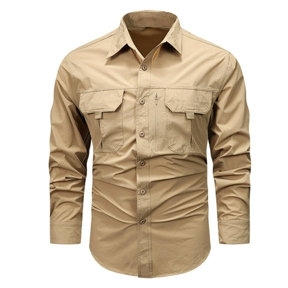 Rloper-Lop Men's Tactical Cargo Shirts Long Sleeve Casual Workwear Outdoor Lightweight Two Pockets Tee Shirts Quick Dry Solid Color Tops Khaki 3XL