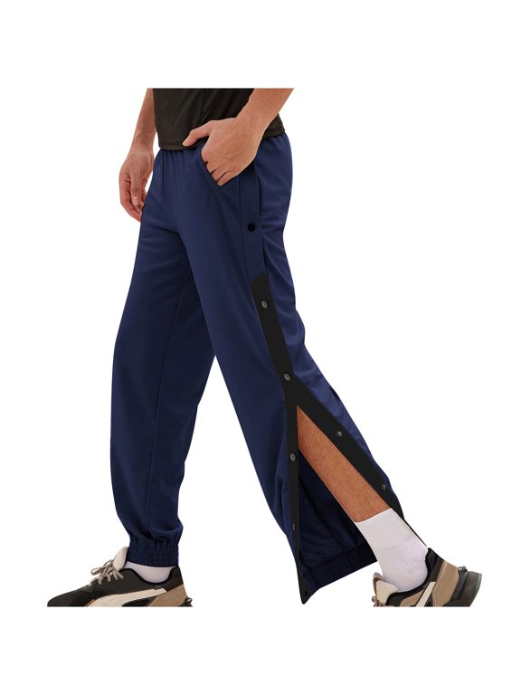 Men's Tearaway Pants Loose Fit Open Bottom Sweatpants Loose Fit Rip Off Pants Solid Color Lightweight Trousers with Pockets & Buttons Navy M