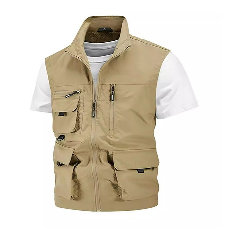 Rloper Lop Men s Utility Vests Casual Outdoor Lightweight Cargo Waistcoats Solid Color Travel Vests Full Zip Up Sleeveless Jackets with Pockets Khaki 3XL Walmart