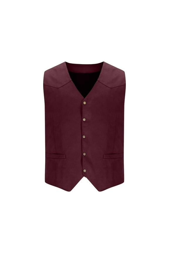 Men's V Neck Suit Vests Vintage Cowboy Style Sleeveless Jackets Slim Fit Wedding Waistcoats Solid Color Button Down Tops Red 3XL