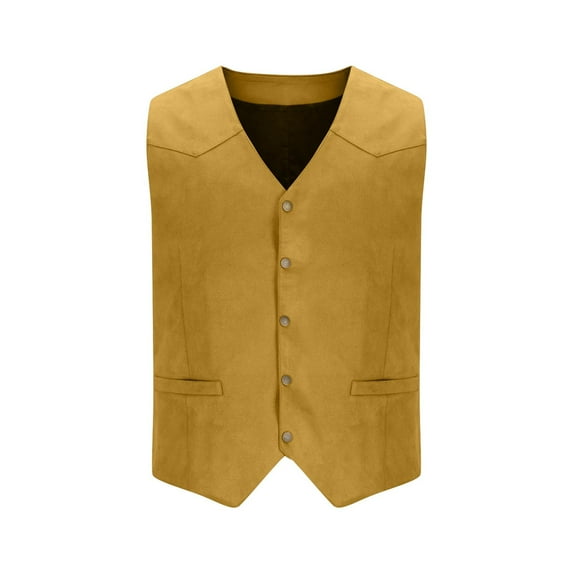 Rloper-Lop Men's V Neck Suit Vests Vintage Cowboy Style Sleeveless Jackets Slim Fit Wedding Waistcoats Solid Color Button Down Tops Yellow XL