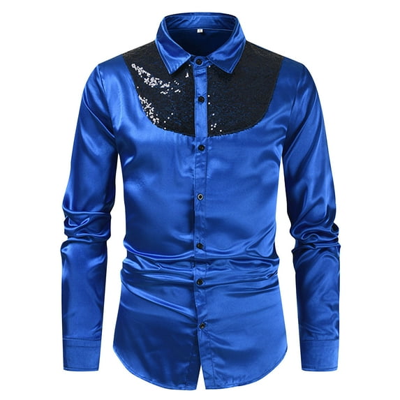 Rloper-Lop Men's Vintage Sequin Shirts Solid Long Sleeve Silk Ruffle Chest Stand Collar Tees Button Down Retro 90s Party Blouse Tops Blue M