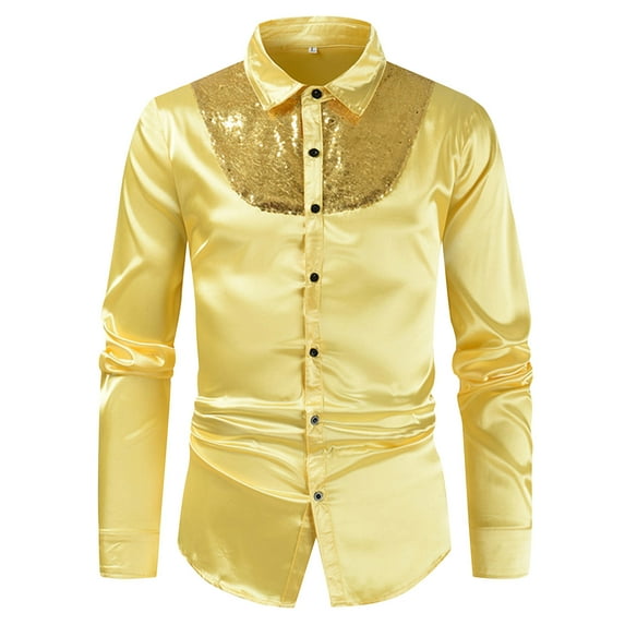 Rloper-Lop Men's Vintage Sequin Shirts Solid Long Sleeve Silk Ruffle Chest Stand Collar Tees Button Down Retro 90s Party Blouse Tops Gold XXL