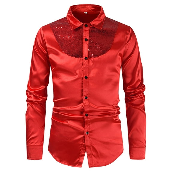 Rloper-Lop Men's Vintage Sequin Shirts Solid Long Sleeve Silk Ruffle Chest Stand Collar Tees Button Down Retro 90s Party Blouse Tops Red S
