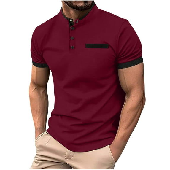 Rloper-Lop Men's Waffle Henley Shirts Short Sleeve Button Down Tees Lightweight Stand Collar T Shirts Vintage Summer Athletic Polo Tops Red L