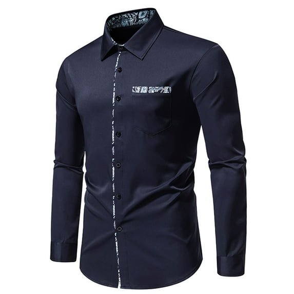 Rloper-Lop Mens Dress Shirts Formal Long Sleeve Casual Button Down Business Clothes for Wedding Party Business Tuxedo Solid Color Tee Tops Navy L