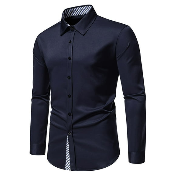 Rloper-Lop Mens Dress Shirts Formal Long Sleeve Casual Button Down Business Clothes for Wedding Party Business Tuxedo Solid Color Tee Tops Navy XL