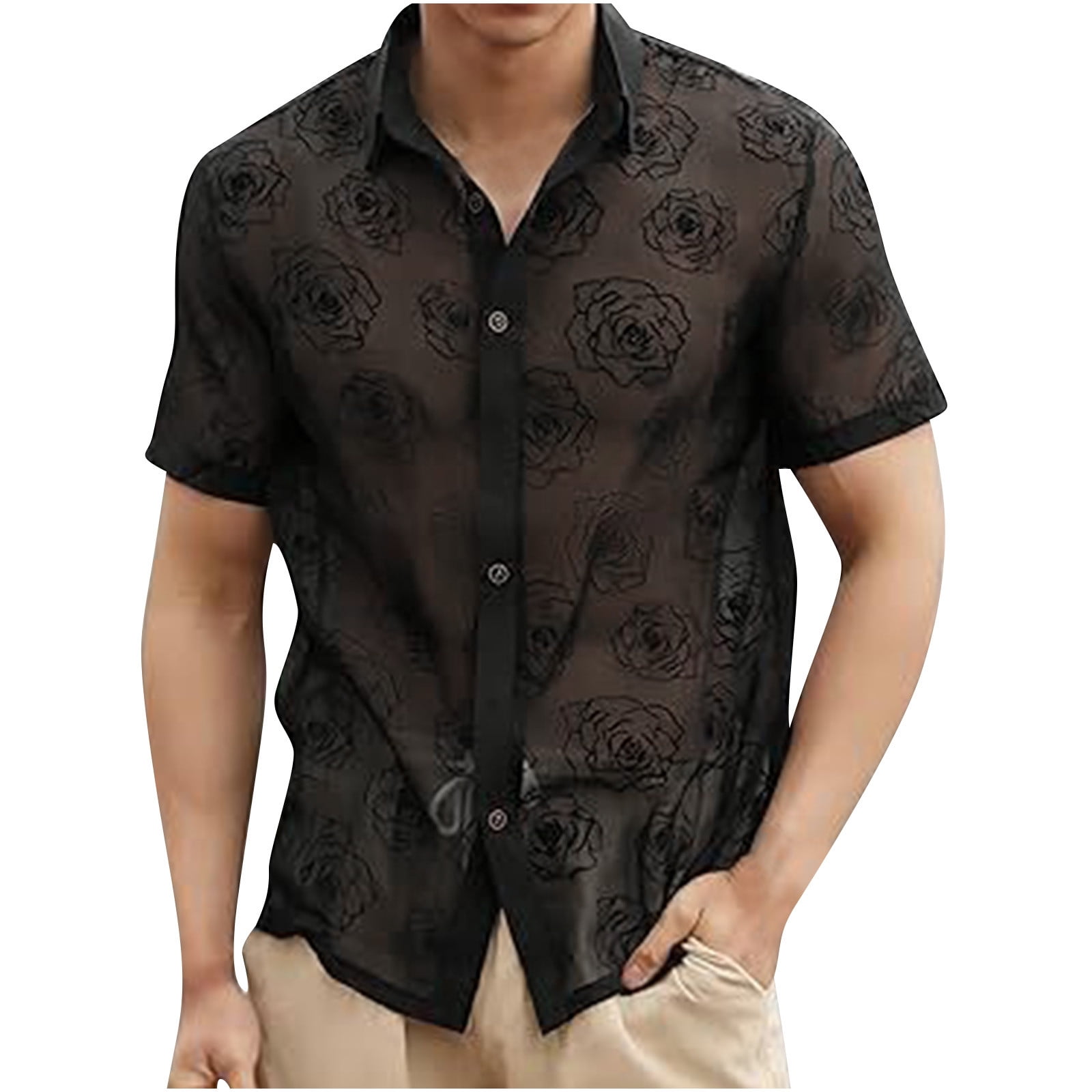 Men's See-Through Lace Mesh Shirt - Casual Hippie Style, Short Sleeve Button-Up (S-5XL)