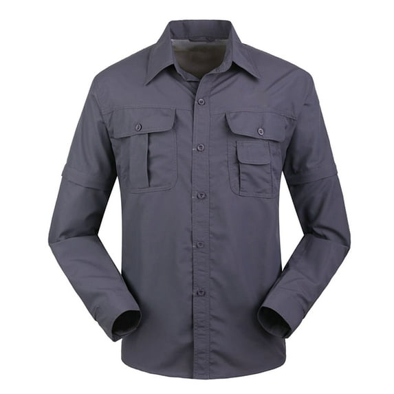 Rloper-Lop Mens Long Sleeve Work Shirts Button Down Lapel Solid Color Tactical Tee Tops Outdoor Breathable Hiking Camping Tees with Pockets Dark Gray XXL