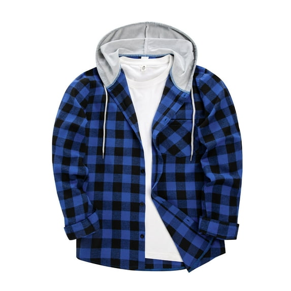 Rloper-Lop Mens Plaid Hoodie Jackets Long Sleeve Casual Coats Button Down Flannel Shirts Fashion Vacation Outdoor Tops with Drawstring