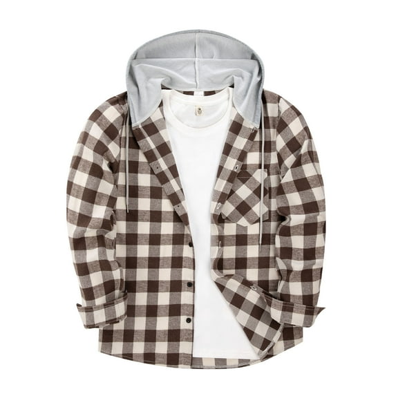 Rloper-Lop Mens Plaid Hoodie Jackets Long Sleeve Casual Coats Button Down Flannel Shirts Fashion Vacation Outdoor Tops with Drawstring