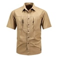 thumbnail image 1 of Rloper-Lop Mens Short Sleeve Work Shirts Lightweight Lapel Solid Color Casual Button Down Tee Tops Fashion Slim Fit Tunic Outwear Tees with Pockets Khaki L, 1 of 4