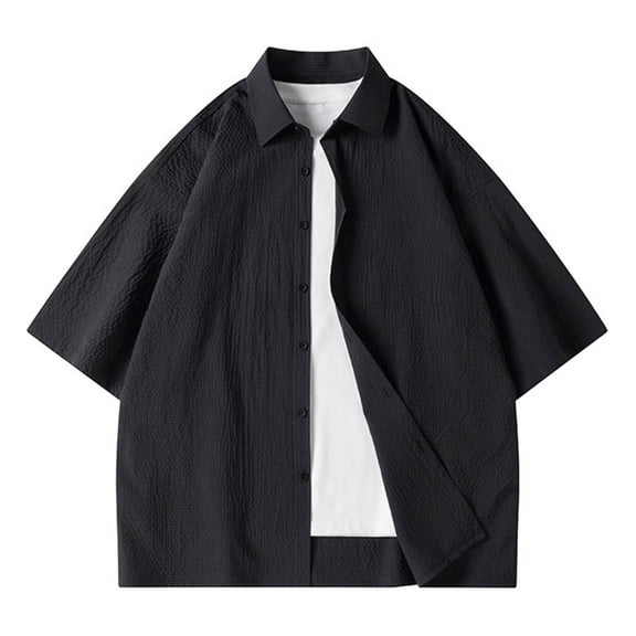 Rloper-Lop Mens Waffle T-Shirts Button Down Short Sleeve Tee Tops Summer Solid Color Lapel Shirts Tropical Beach Hawaiian Blouse Shirts