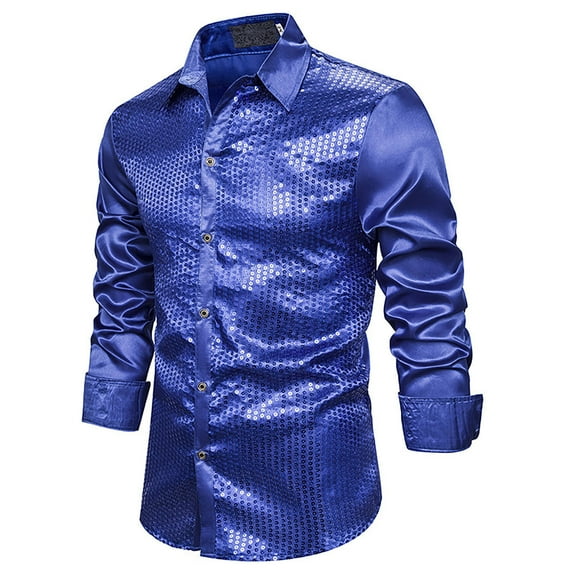 Rloper-Lop Sequins Long Sleeve Shirts Men Lapel Button Down Tee Tops Fahion Solid Color Tops for 73s Disco Party Nightclub Prom Costume