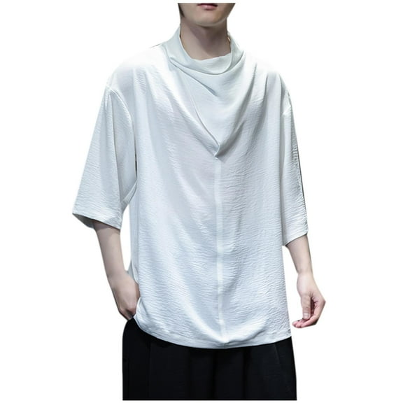 Rloper-Lop Summer Stacked Collar T-Shirts for Men Ice Silk Solid Color Tee Tops Casual 3/46 Sleeve Tops Vacation Outdoor Tees