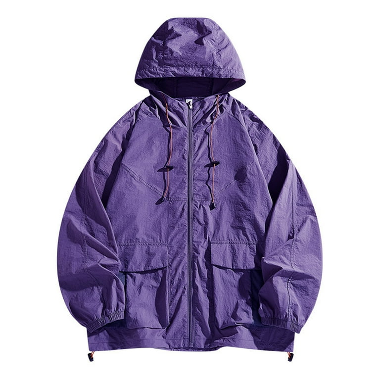 Rloper Lop Sun Protection Hoodies for Men Long Sleeve Hiking Outdoor Sports Hooded Shirts Lightweight Solid Color Breathable Drawstring Tops Purple XL