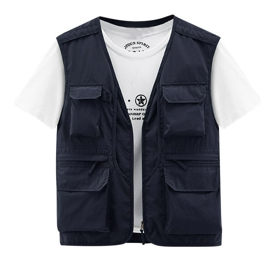 Rloper-Lop Travel Vests for Men Multi Pockets Utility Tank Tops Lightweight Sleeveless Jackets Fashion Solid Color Full Zipper Tops Dark Blue 5XL