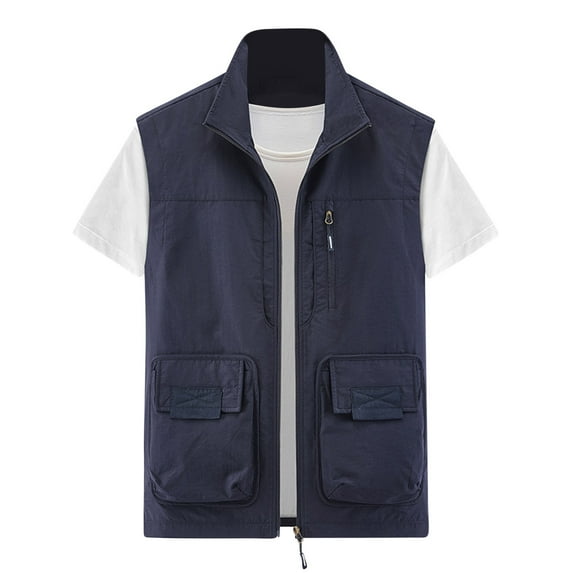 Rloper-Lop Travel Vests for Men Multi Pockets Utility Tank Tops Lightweight Sleeveless Jackets Fashion Solid Color Full Zipper Tops Dark Blue 6XL