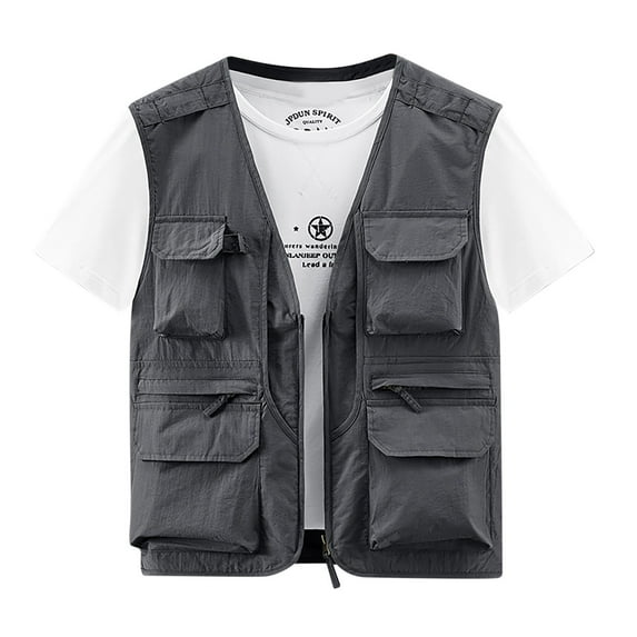 Rloper-Lop Travel Vests for Men Multi Pockets Utility Tank Tops Lightweight Sleeveless Jackets Fashion Solid Color Full Zipper Tops Gray 6XL