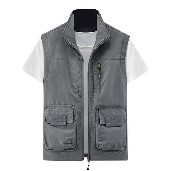 Rloper-Lop Travel Vests for Men Multi Pockets Utility Tank Tops Lightweight Sleeveless Jackets Fashion Solid Color Full Zipper Tops Gray L
