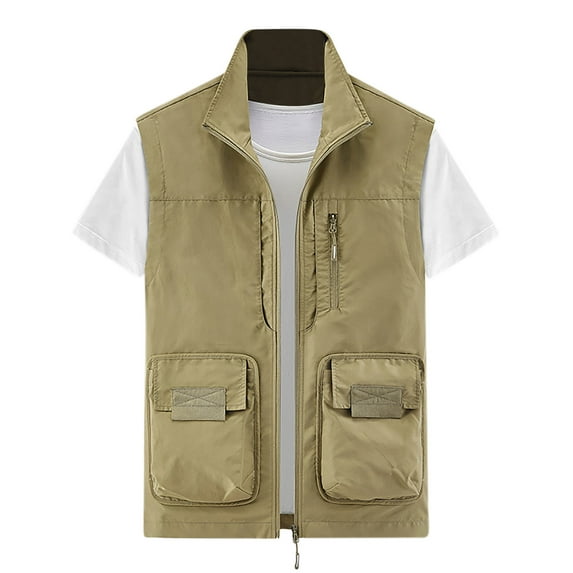 Rloper-Lop Travel Vests for Men Multi Pockets Utility Tank Tops Lightweight Sleeveless Jackets Fashion Solid Color Full Zipper Tops Khaki 3XL