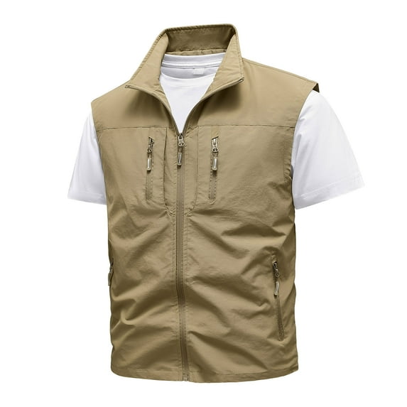 Rloper-Lop Travel Vests for Men Multi Pockets Utility Tank Tops Lightweight Sleeveless Jackets Fashion Solid Color Full Zipper Tops Khaki XL